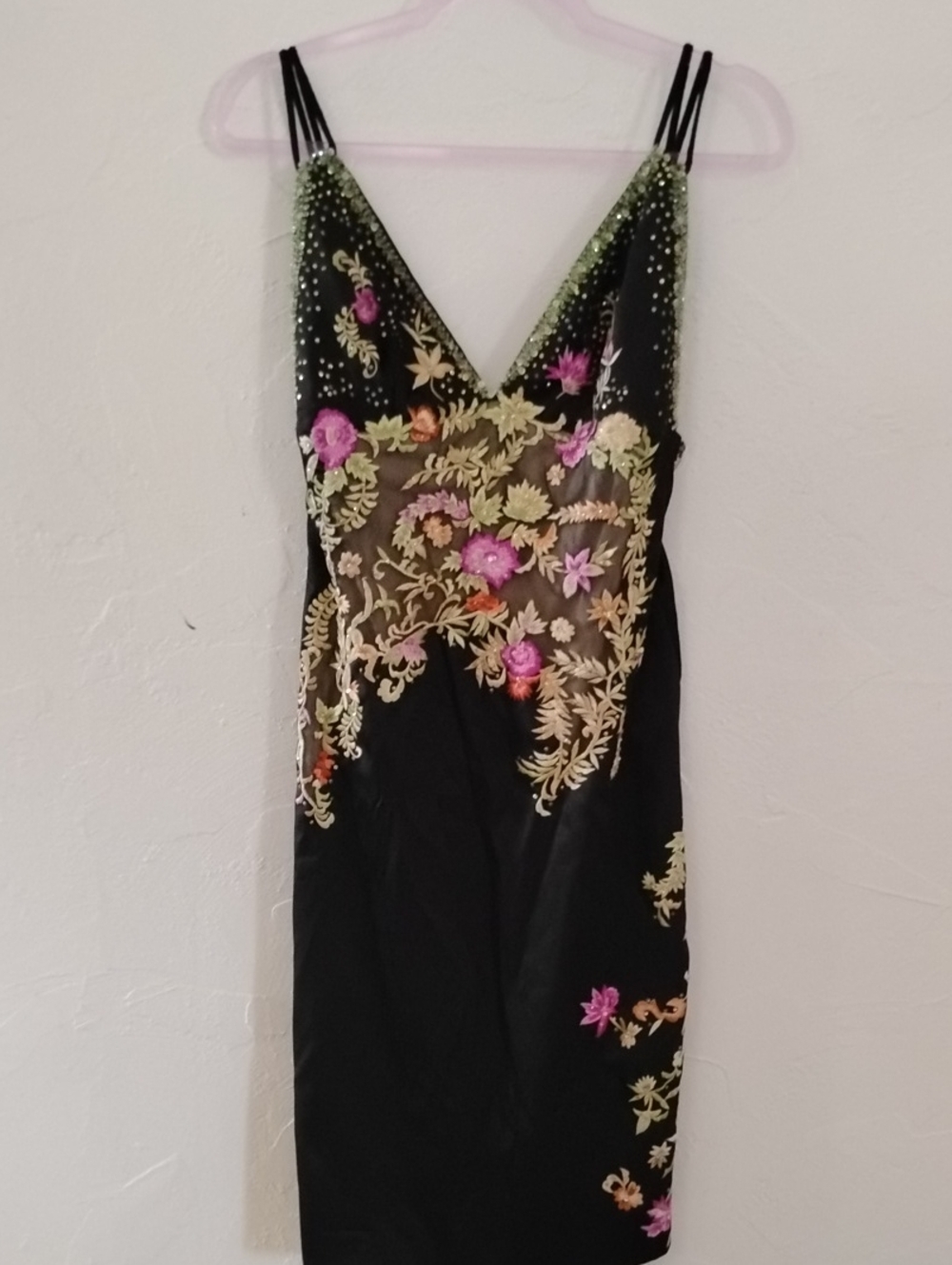 Cache Vintage 2000 Sequin Embroidered Black Floral Slip Dress Sz 6